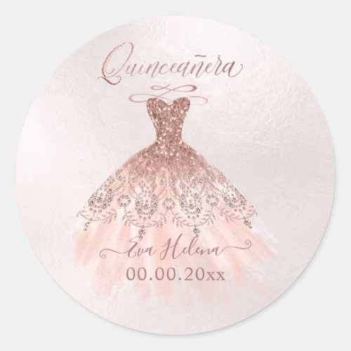 Quinceaera  Sparkle Gown Faux Rose Gold Classic Round Sticker