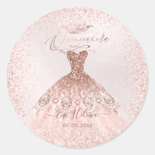 Quinceaera  Sparkle Gown Faux Rose Gold Classic Round Sticker