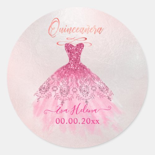 Quinceaera  Sparkle Gown Ombre Pink Cherry Classic Round Sticker
