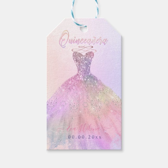 Quinceañera , Sparkle Gown, Pastel Cotton Candy Gift Tags (Front)