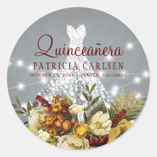 Quinceanera sparkle princess diamond dress floral classic round sticker