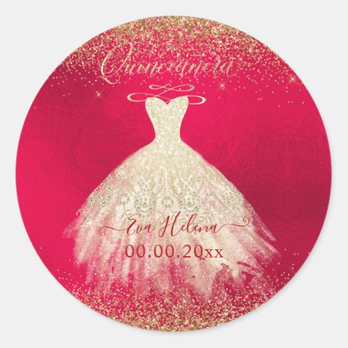 Quinceaera SparkleShimmering Gown Faux Gold Classic Round Sticker