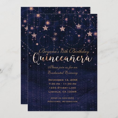 Quinceaera Starry Night Purple  Gold Whimsical Invitation