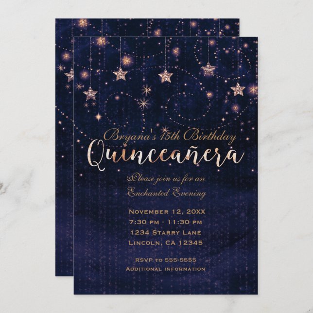 Quinceañera Starry Night Purple & Gold Whimsical Invitation (Front/Back)