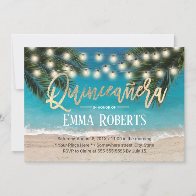 Quinceanera String Lights Tropical Beach Birthday Invitation (Front)