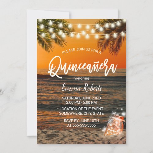 Quinceanera Summer Sunset Beach Glow Mason Jar Invitation