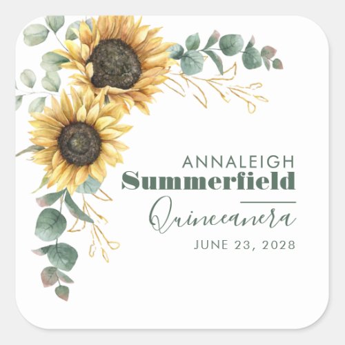 Quinceanera Sunflower Eucalyptus 15th Birthday Square Sticker