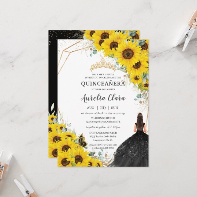 Quinceaera Sunflower Floral Gold Black Dress Invitation | Zazzle Quinceaera Sunflower Floral Gold Black Dress Invitation | Zazzle