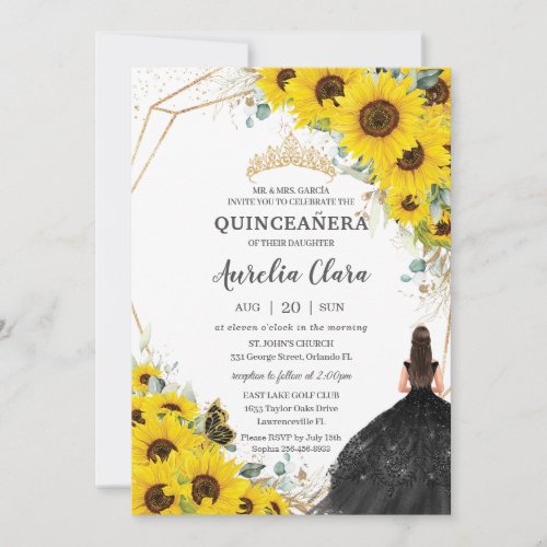 Quinceaera Sunflower Floral Gold Black Dress Invitation