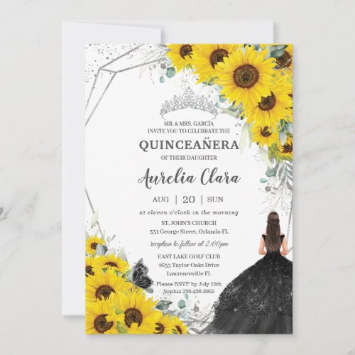 Quinceaera Sunflower Floral Silver Black Dress Invitation