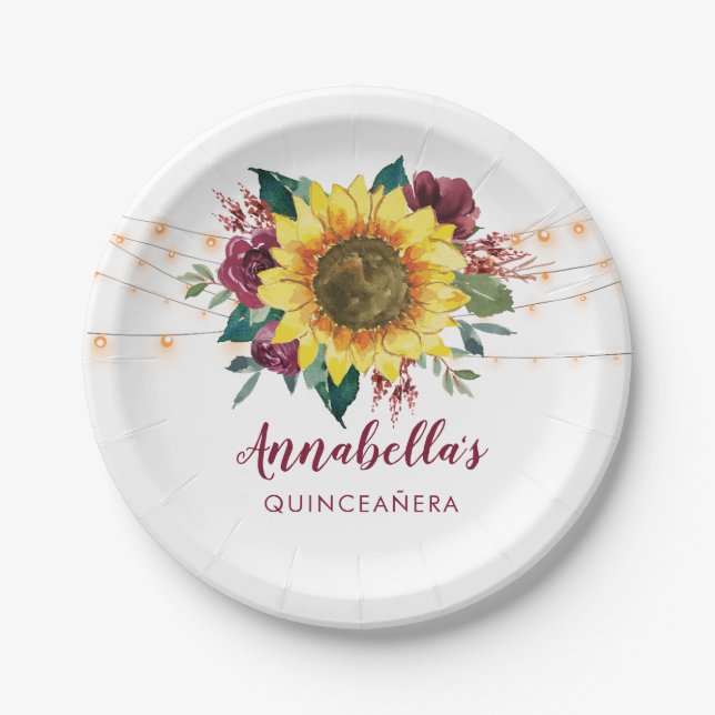 Quinceanera Sunflower Lights Floral Birthday Paper Plates (Front)