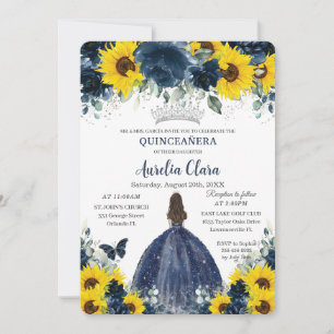 Quinceañera Sunflower Navy Blue Floral Princess Invitation