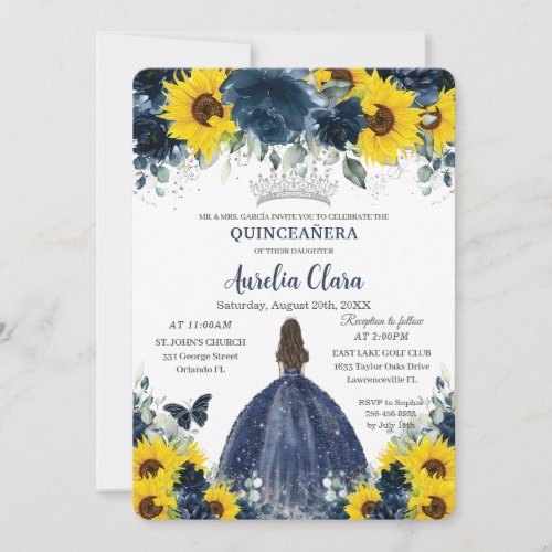 Quinceaera Sunflower Navy Blue Floral Princess Invitation