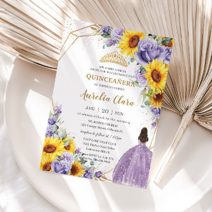 Quinceanera Sunflower Purple Lavender Floral Gold Invitation
