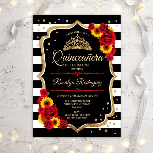 Quinceanera _  Sunflowers Roses Stripes Invitation
