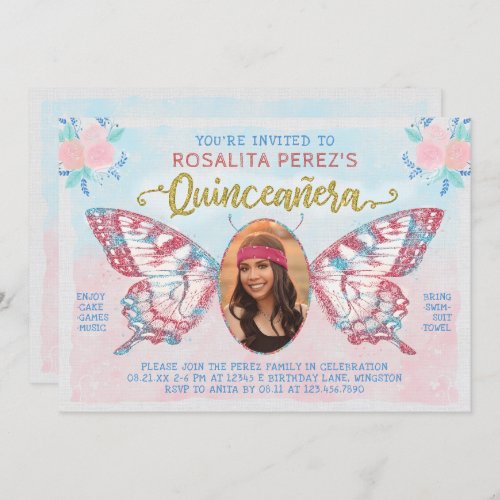 Quinceanera Sweet 15 Birthday Butterfly with Photo Invitation