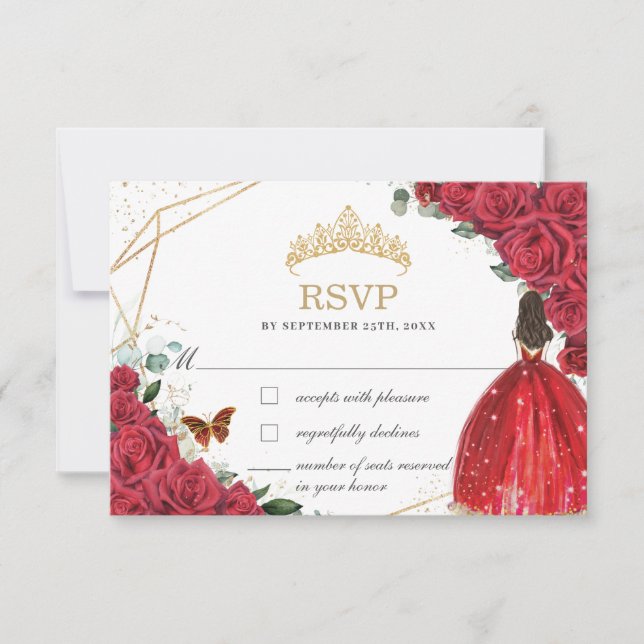 Quinceañera Sweet 16 15 Birthday Red Roses Floral RSVP Card (Front)