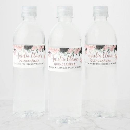 Quinceaera Sweet 16 Birthday Black Blush Floral Water Bottle Label