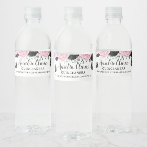 Quinceaera Sweet 16 Birthday Black Pink Floral Water Bottle Label