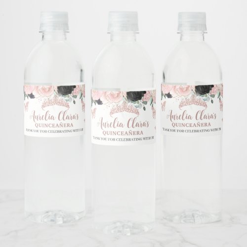 Quinceaera Sweet 16 Black Blush Floral Rose Gold Water Bottle Label