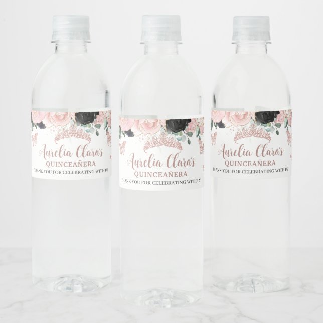 Quinceañera Sweet 16 Black Blush Floral Rose Gold Water Bottle Label (Bottles)