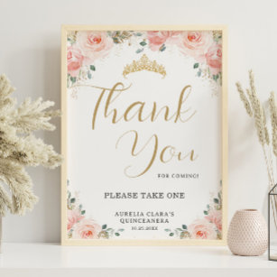 Quinceañera Sweet 16 Blush Pink Floral Thank You Poster