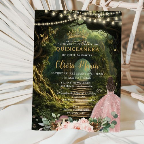 Quinceaera Sweet 16 Enchanted Forest Blush Floral Invitation