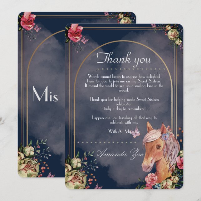 Quinceañera/Sweet 16 Horse design Thank you Note Invitation (Front/Back)