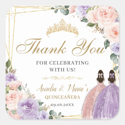 Quinceaera Sweet 16 Lilac Blush Floral Twin Girls Square Sticker