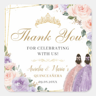 Quinceañera Sweet 16 Lilac Blush Floral Twin Girls Square Sticker