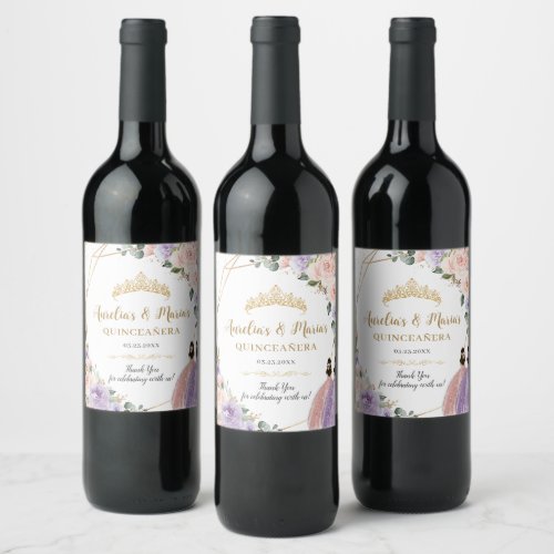 Quinceaera Sweet 16 Lilac Blush Floral Twin Girls Wine Label