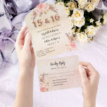 Quinceanera Sweet 16 pampas rose pink florals RSVP All In One Invitation<br><div class="desc">For both a Quinceanera and Sweet 16 celebrating together. A rustic rose gold and blush pink gradient backround decorated with blush pink florals and pampas grass. Personalize and add your name,  and the details. Black colored letters.  Number 15 and 16  is written with a rose gold balloons style font.</div>