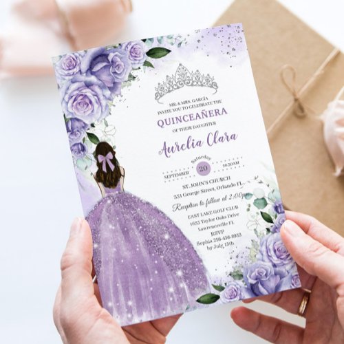 Quinceaera Sweet 16 Purple Lavender Floral Silver Invitation
