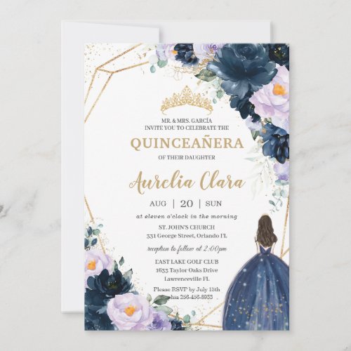 Quinceaera Sweet 16 Purple Lilac Navy Blue Floral Invitation
