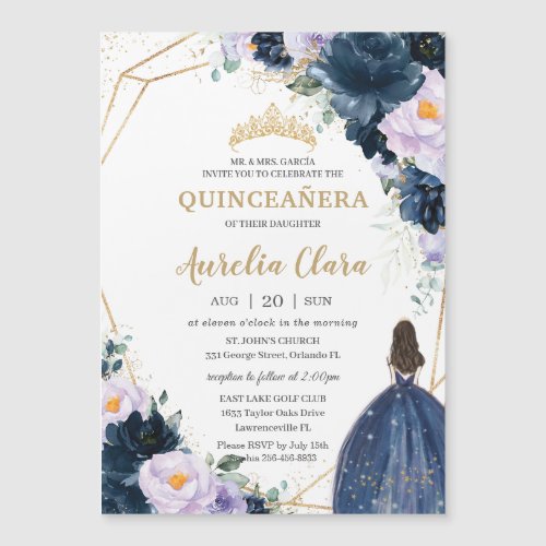 Quinceaera Sweet 16 Purple Lilac Navy Blue Floral Magnetic Invitation