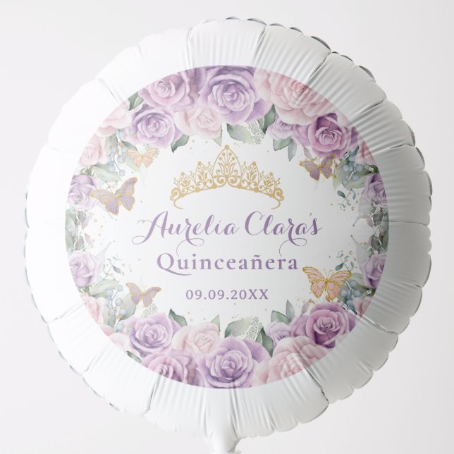 Quinceañera Sweet 16 Purple Lilac Pink Floral Gold Balloon (Front)