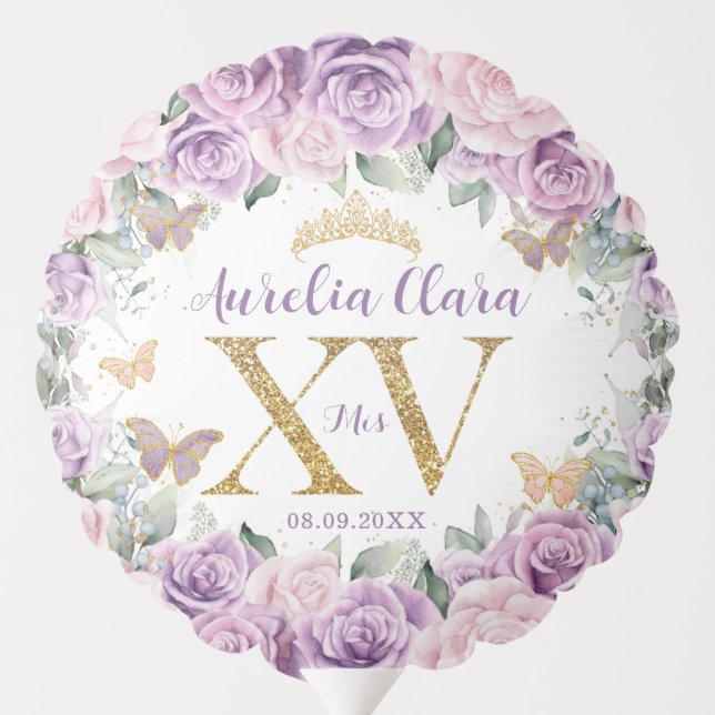 Quinceañera Sweet 16 Purple Lilac Pink Floral Gold Balloon (Back)