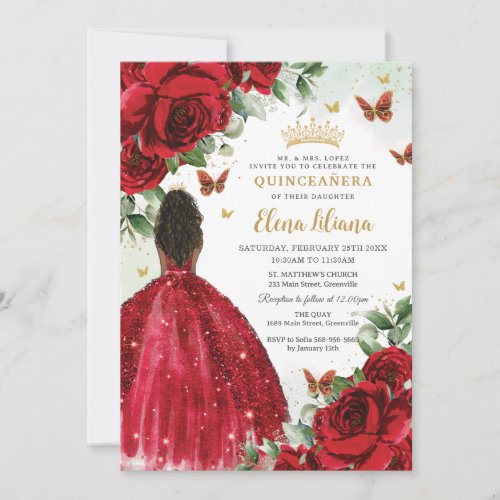 Quinceaera Sweet 16 Red Roses Flowers Brown Girl Invitation