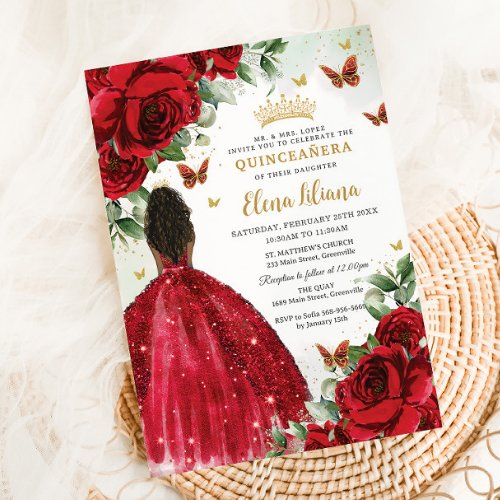 Quinceaera Sweet 16 Red Roses Flowers Brown Girl Invitation