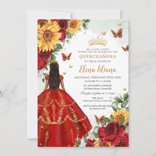 Quinceaera Sweet 16 Red Roses Sunflowers Floral Invitation