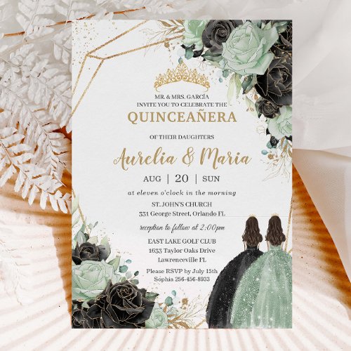 Quincea&#241;era Sweet 16 Sage Green Black Floral Twins Invitation