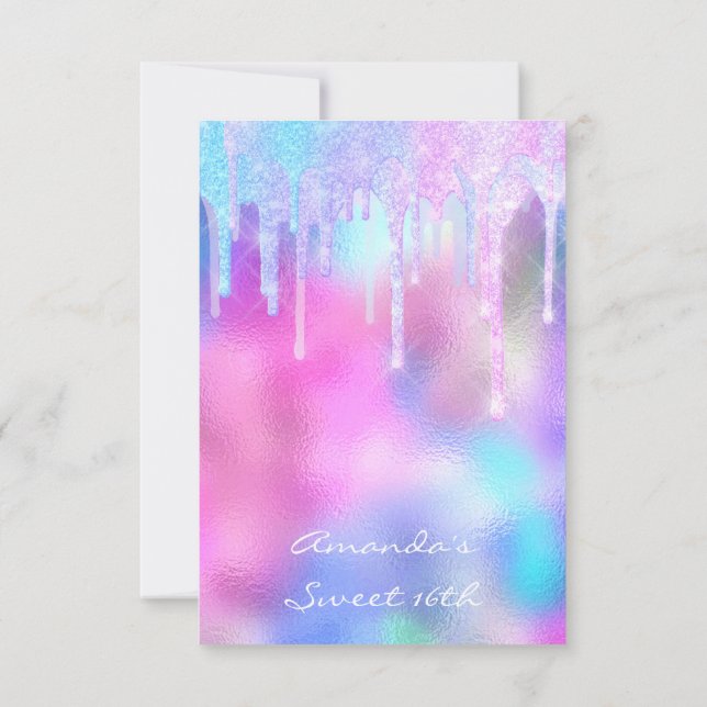 Quinceanera Sweet 16th Drips Holographic Pink Invitation (Back)
