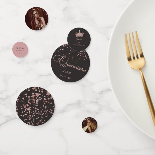 Quinceanera Table Decor Rose Gold Black Photo Confetti Zazzle Com