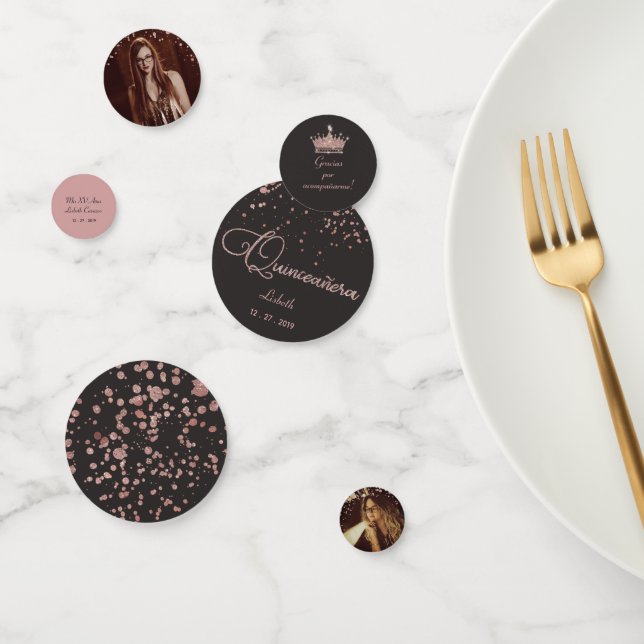 Quinceanera Table Decor | Rose Gold Black Photo Confetti (Group)