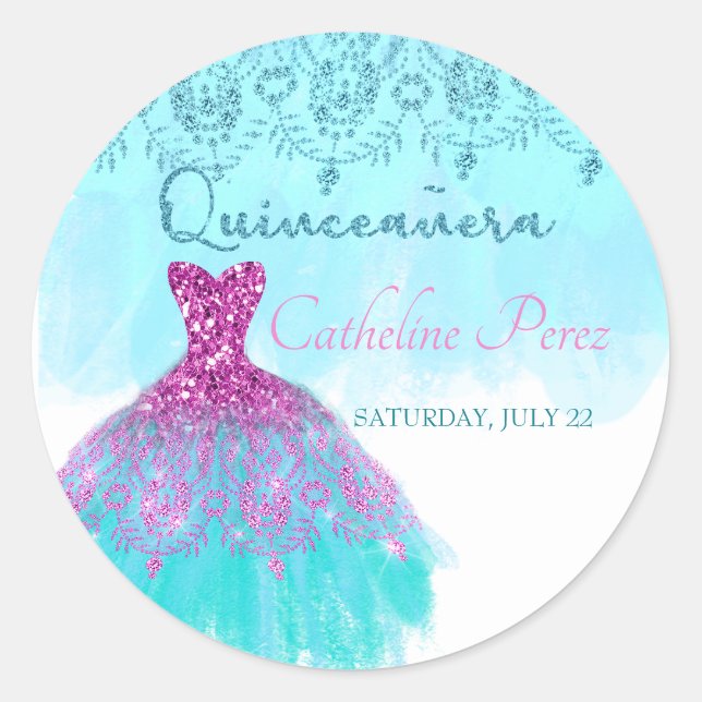 quinceanera teal 15th birthday favor classic round sticker (Front)