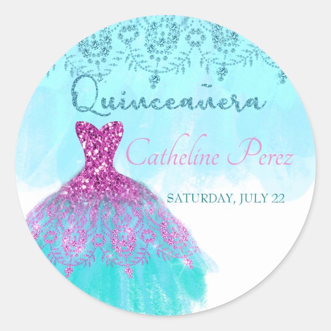 quinceanera teal 15th birthday favor classic round sticker (Front)