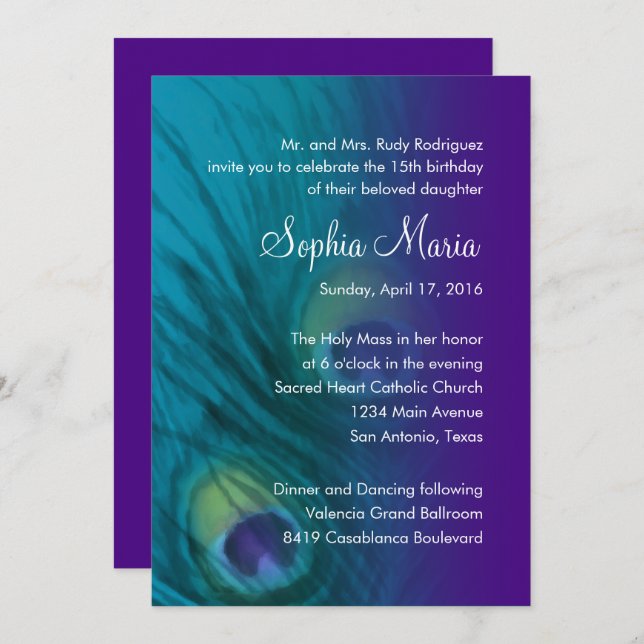 Quinceanera Teal and Purple Peacock Invitation (Front/Back)