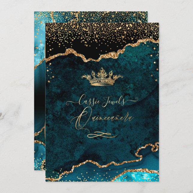 Quinceanera, Teal Blue Agate Faux Gold Confetti Invitation (Front/Back)