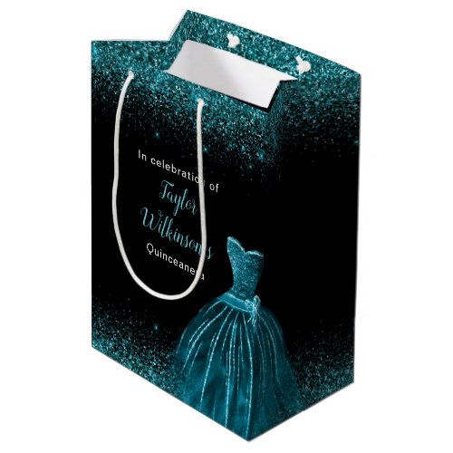 Quinceanera Teal Blue Dress Faux Glitter Medium Gift Bag