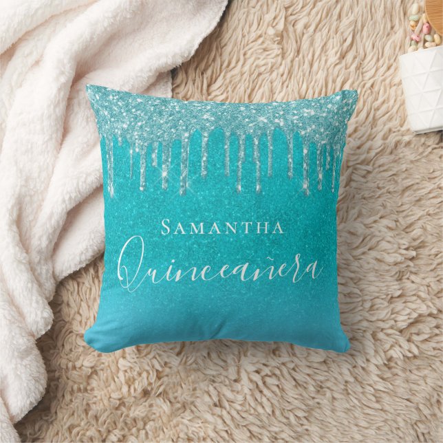 Quinceanera teal blue glitter sea green monogram throw pillow (Blanket)